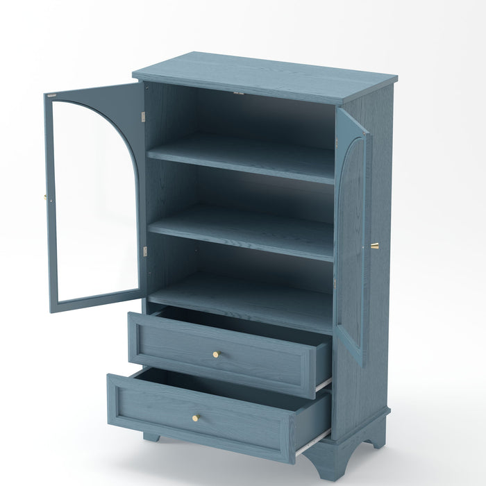 Glass Door Display Case With 2 Drawers And Adjustable Shelf