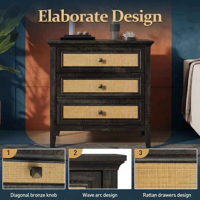 Nightstand With 3 Drawers, Tall End Table - Brown