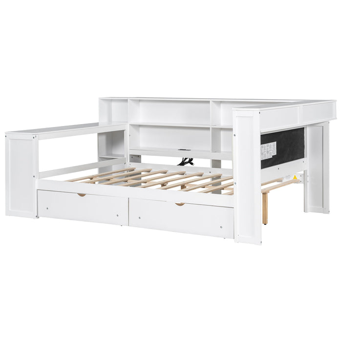 Platform Bed With Upholstered Headboard, Storage Shelves, Drawers, Charging Station, LED Lighting, Built In Desk