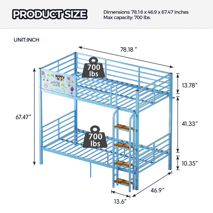 Bunk Bed, Convertible To 2 Separate Twin Size Beds & Full Length Guardrail & Ladder, No Box Spring Needed - Blue