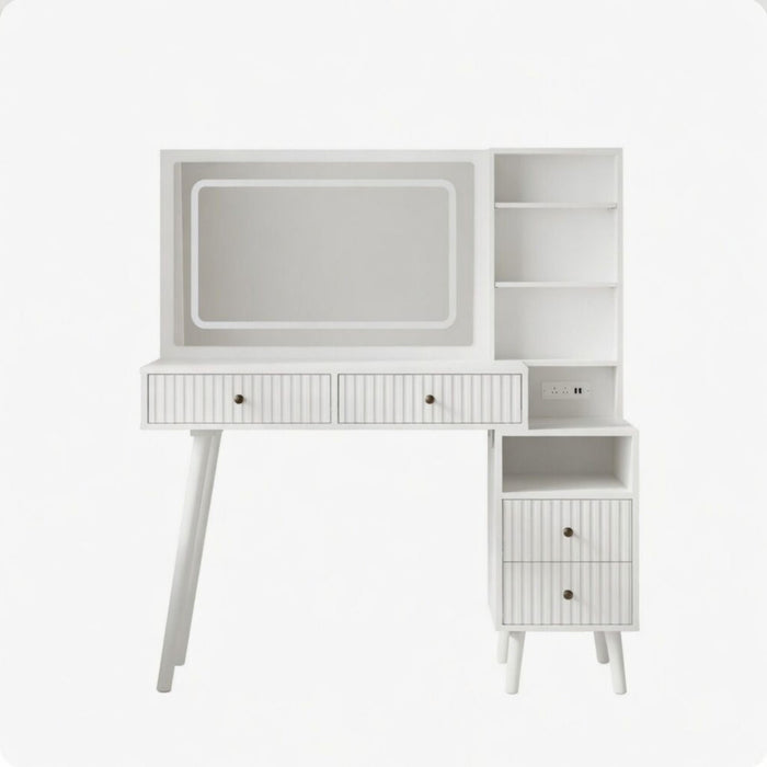 Fluted Vanity Desk With Lighted Mirror & Outlet 4 Drawer, Makeup Table - White