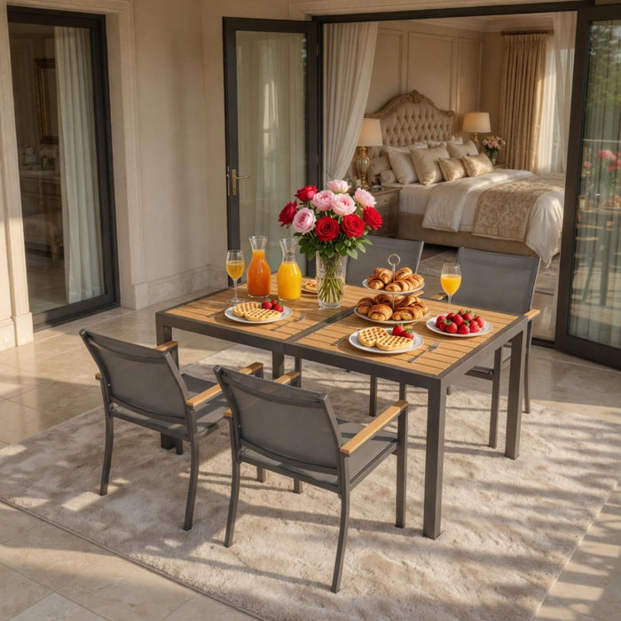 5 Piece Gray Aluminum Patio Dining Set With Textilene Chairs For Outdoor Use