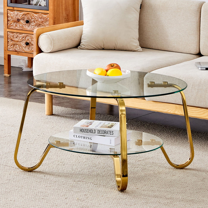 Retro Minimalist Style Metal Frame Double Layer Tempered Glass Coffee Table