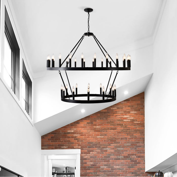 2 Tiers Wagon Wheel Chandelier Wooden Farmhouse 36 Light (24 / 12) Or (12 / 24) Metal Chandeliers 2 Story Light Fixtures Industrial For High Ceiling Living Dining Room Foyer, Adjustable Height - Black