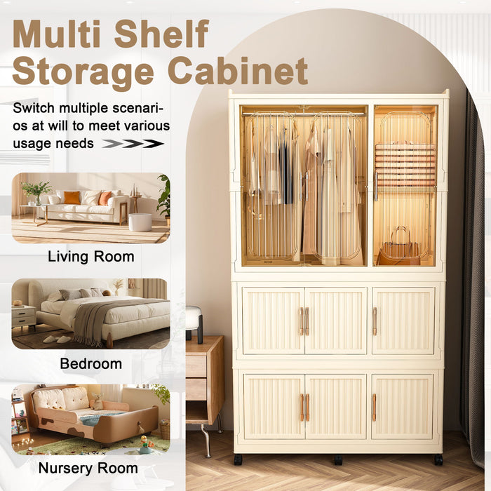 Portable Wardrobe Closet Storage Organizer With 9 Magnetic Doors - Cream White