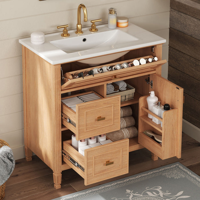Bathroom Vanity With Sink, Flip Drawer & Adjustable Shelf - Natural