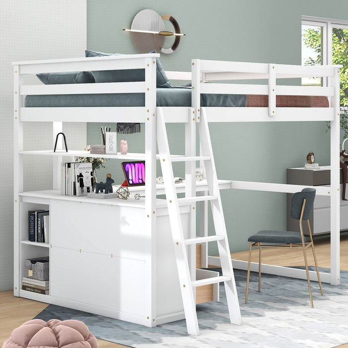 Modern Loft Bed With Built In Desk, Shelves, And 2 Drawers