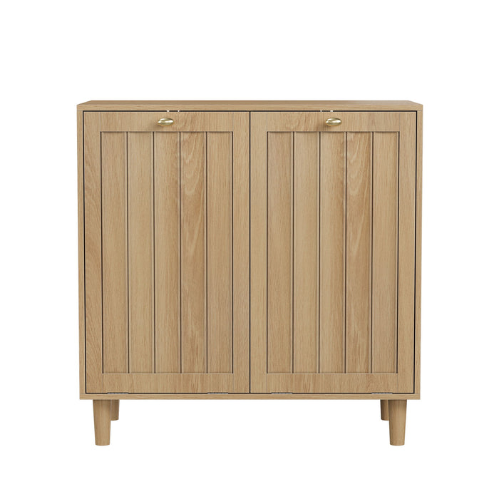 Sloping Laundry Basket With Removable Inner Bin, Concealed Storage Cabinet For Bathroom - Oak