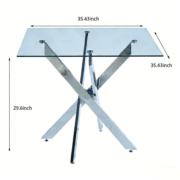 Dining Table With Cross Metal Leg And Tempered Glass, Modern Space Saving Kitchen Table For Living Room Legs, Square Table