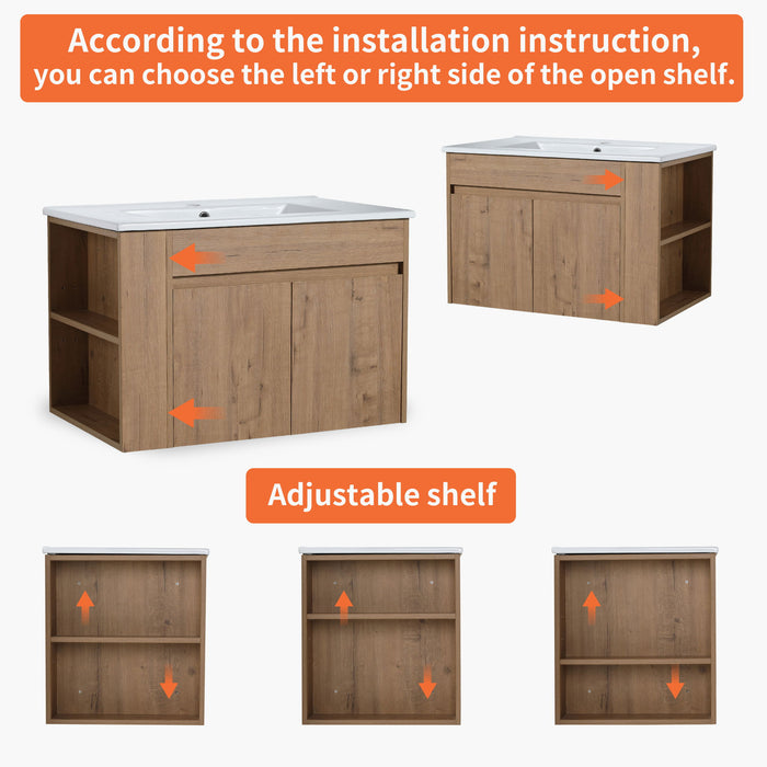Wall Mounted Bathroom Vanity With Open Shelf, 29" Size (Vanity Only) - Imitative Oak