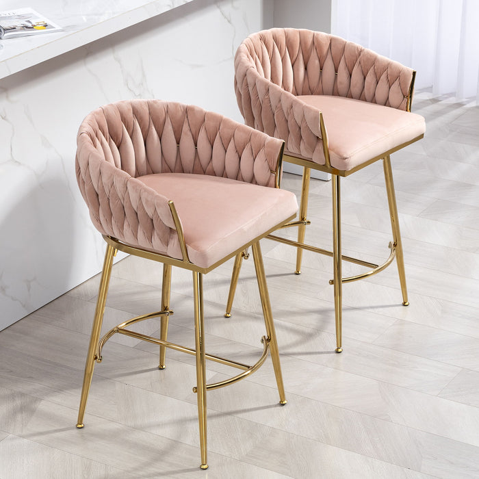 Counter Height Bar Stools Kitchen Island Counter Bar Stool With Hand - Wave Back, Golden Chromed Base And Footrest (Set of 2) - Pink