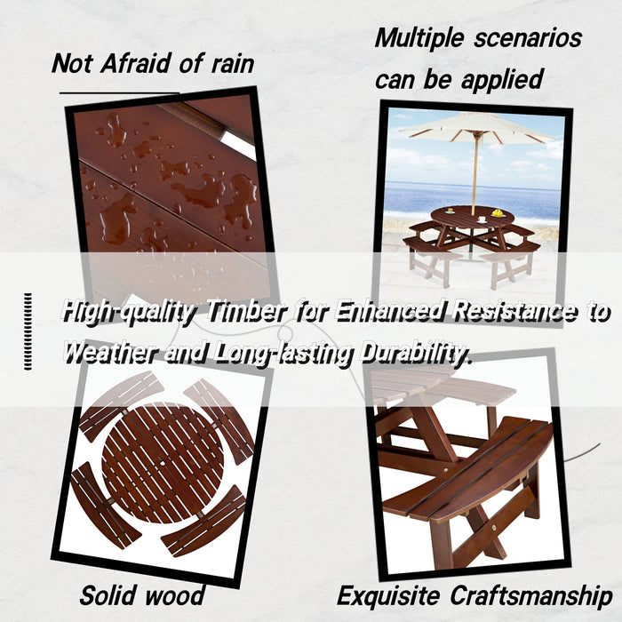 8 Person Round Picnic Table With 4 Built In Benches, Umbrella Hole For Garden - Brown