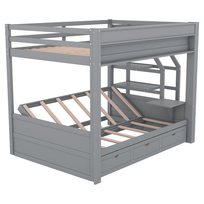 Wood Full Size Convertible Bunk Bed With Storage Staircase, Bedside Table, And 3 Drawers - Gray