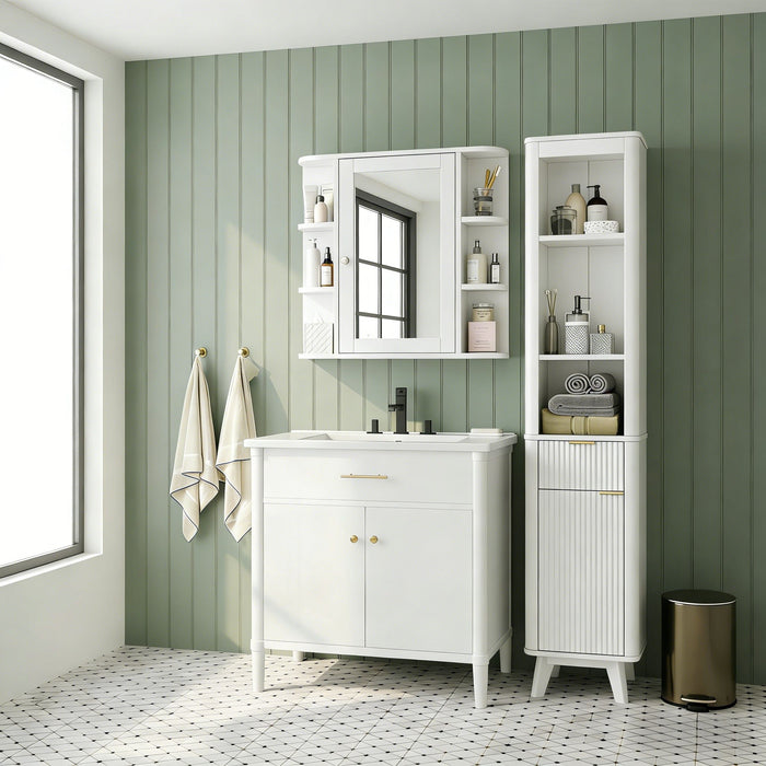 Bathroom Wall Storage Cabinet With Mirror And Adjustable Shelf, 6 Open Shelves