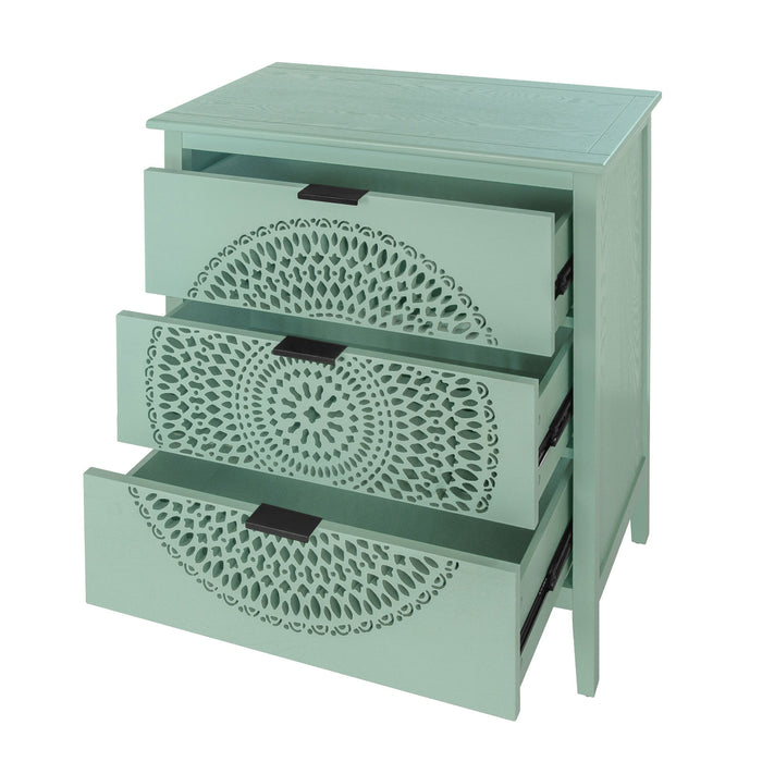 3 Drawer Storage Cabinet With Hollow Carved Design And Metal Handles, Chest For Entryway, Living Room Or Bedroom - Light Green