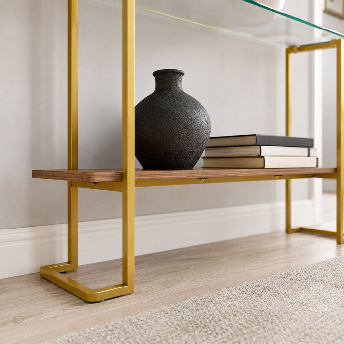Console Table With Shelf, 2 Tier Living Room - Gold / Walnut
