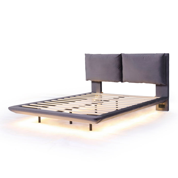 Upholstered Platform Bed With Sensor Light And 2 Large Backrests, With 2 Sets Of USB Port And Socket On Each Rear Bed Leg