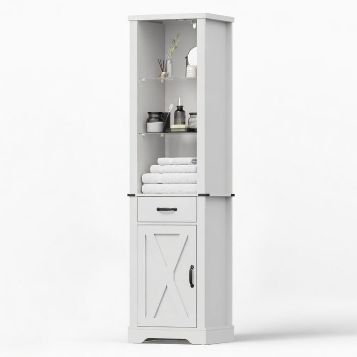 Pantry Cabinet With LED Lights And Barn Door With Tempered Glass Shelves - White
