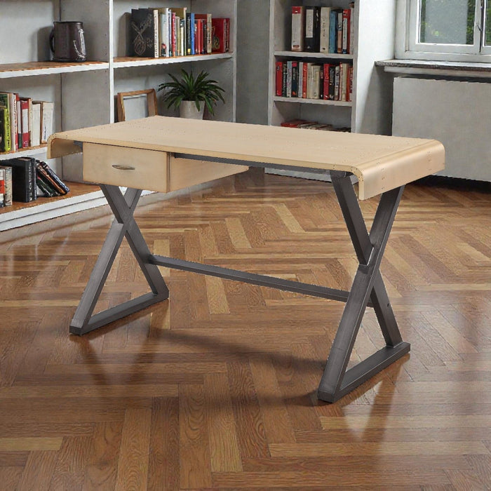 Danton - Aluminum Top Grain Leather Rectangular Writing Desk - Gold