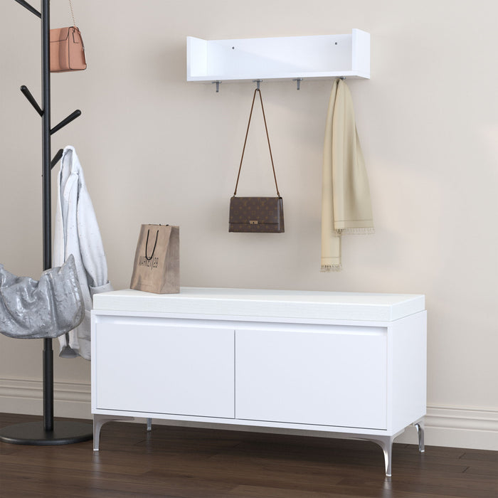 Wall Mounted Entryway Shelf With Hooks And Storage Bench Set - Off White