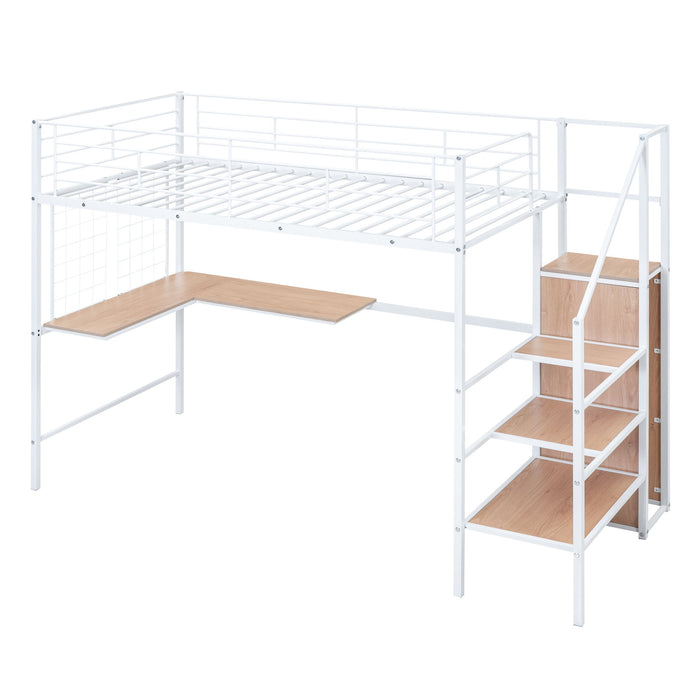 Loft Bed With Desk And Grid, Stylish Frame With Lateral Storage Ladder And Wardrobe