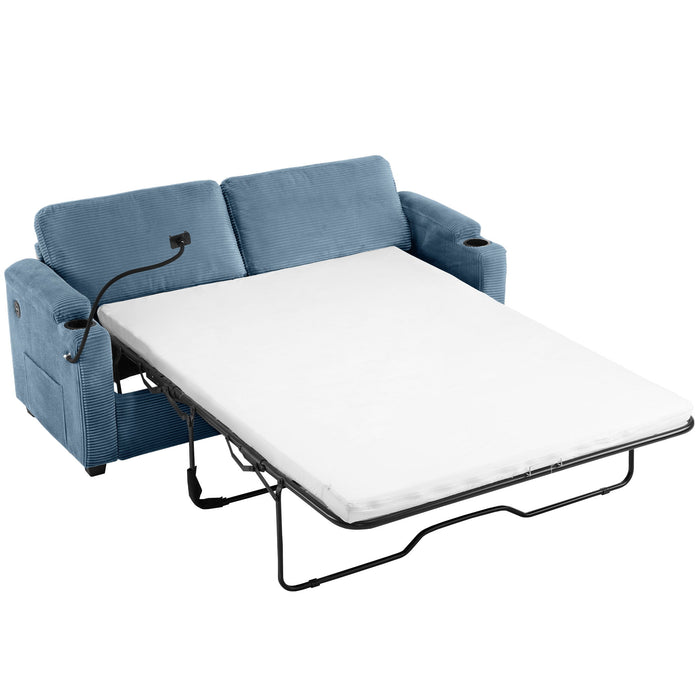 Corduroy Sleeper Sofa Loveseat Sofa With Full Size Mattress, 2 USB Ports, 2 Cup Holders, 2 Side Pockets And Phone Holder