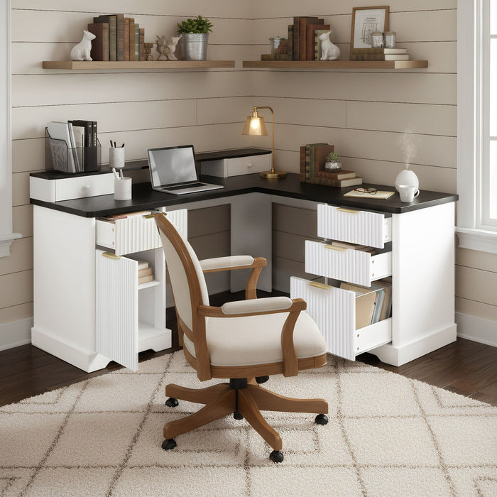 Fluted L-Shaped Desk With Charging Station & Storage Cabinet