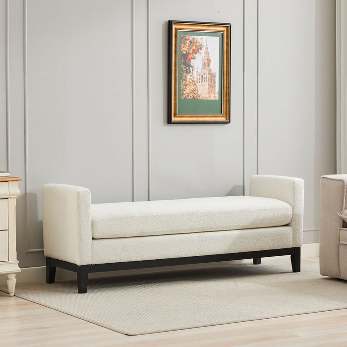 Elegant Upholstered Bench, Daybed, Ottoman With Wood Legs & Bolster Pillows - Ivory Boucle