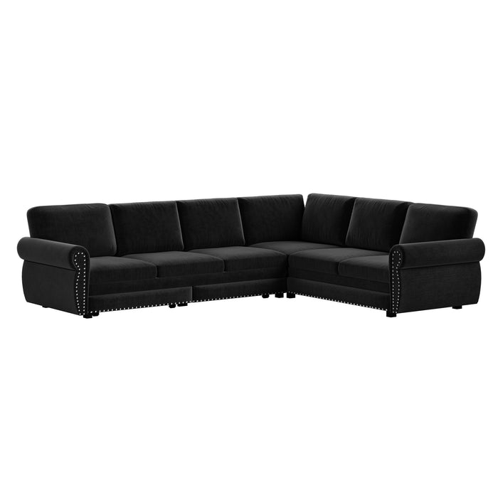 L-Shaped Sofa Couch With Pull Out Bed With Nailhead Trim & Rolled Arm
