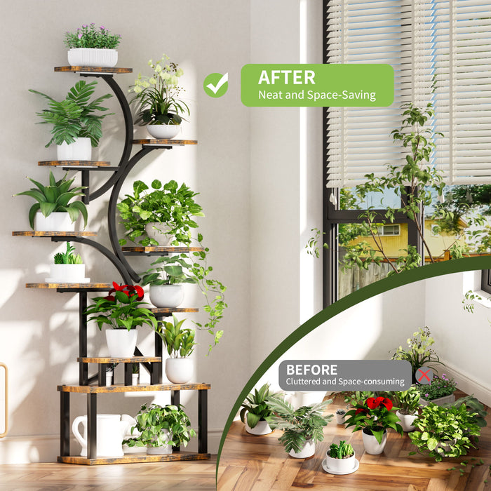 S - Shaped, 10 Tier Plant Stand With 5 Grow Lights - Deep Rustic Brown