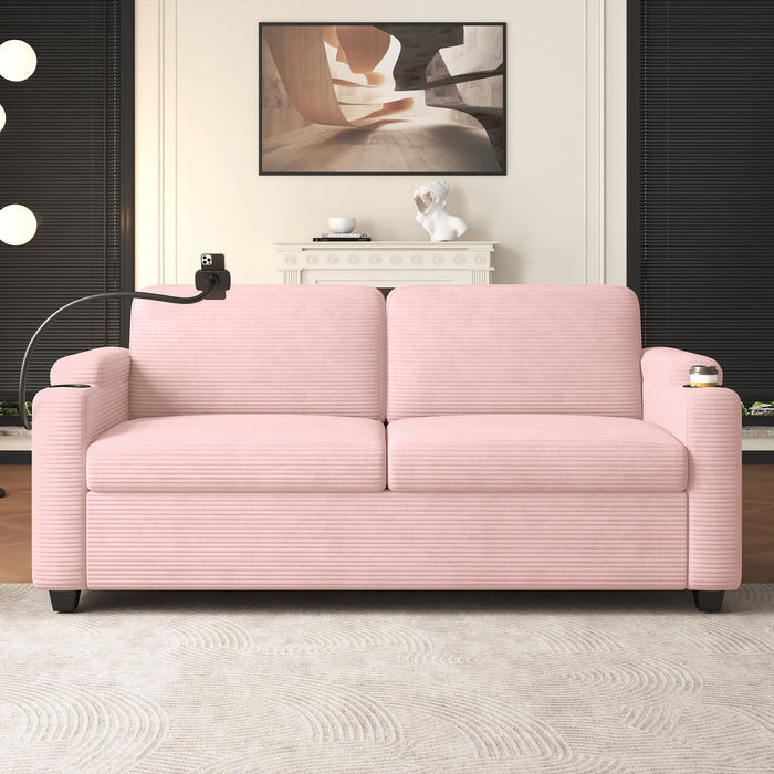 Sleeper Sofa Loveseat Sofa With Full Size Mattress, 2 USB Ports, 2 Cup Holders, 2 Side Pockets And Phone Holder