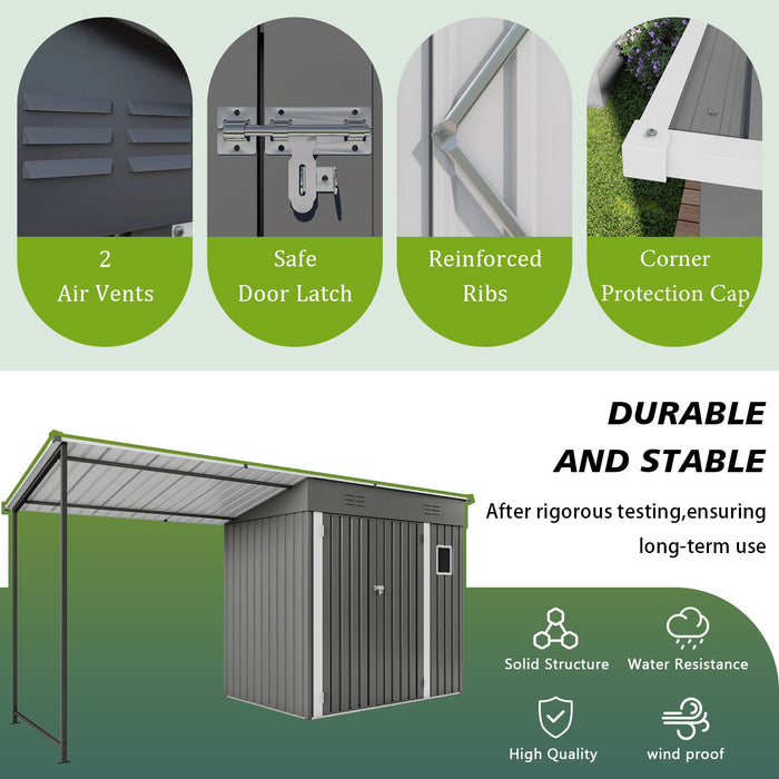 Lean To Shed With Open Sided Pergola, Outdoor Storage Shed & Attached Hardtop Gazebo Combo - Gray
