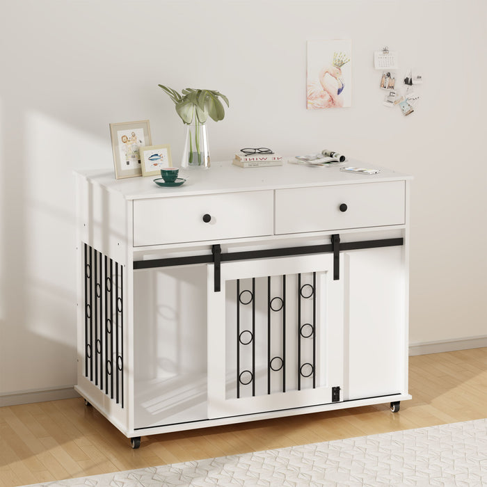 Dog Crate Furniture With Double Drawers And Sliding Barn Door, Pet Kennel For Small To Medium Dogs - White