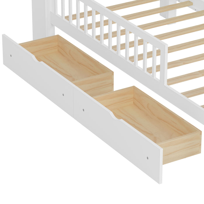 Bed With Headboard Storage Rack, 2 Under Bed Drawers, 3 Side Guardrails For Safety