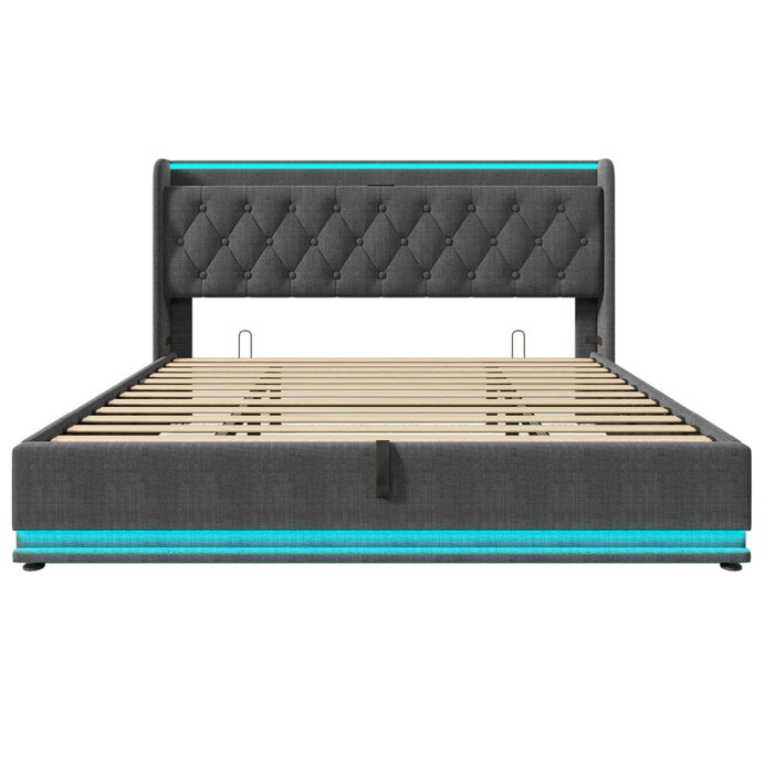 Upholstered Bed, 360 Surround LED Function, Remote Control, Hydraulic Storage Bed With USB, Type-C Charging (Without Mattress)