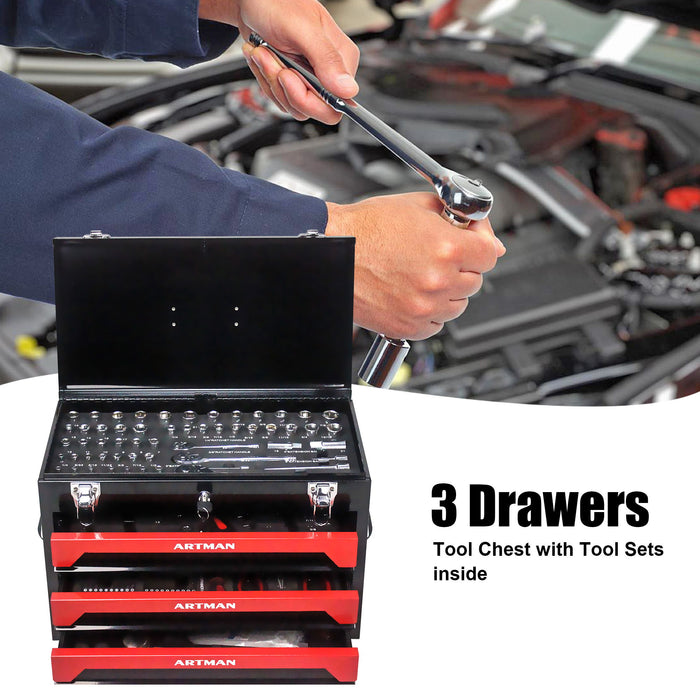 Portable 3 Drawer Steel Toolbox, 4 Layers Of Tools With Metal Latches, With Storage Tray And Carrying Handle