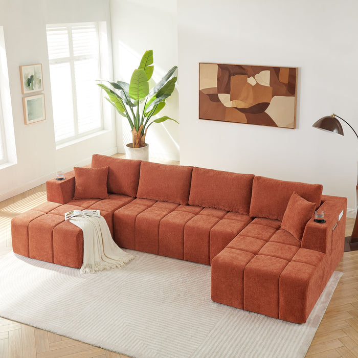 U - Shaped Sectional Sofa, Cup Holders & Side Pockets For Living Room