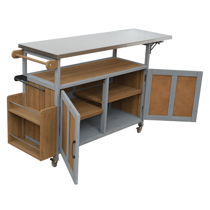 Foldable Outdoor Kitchen Island With Lockable Wheels, Storage Cabinet And Towel Rack For Patio
