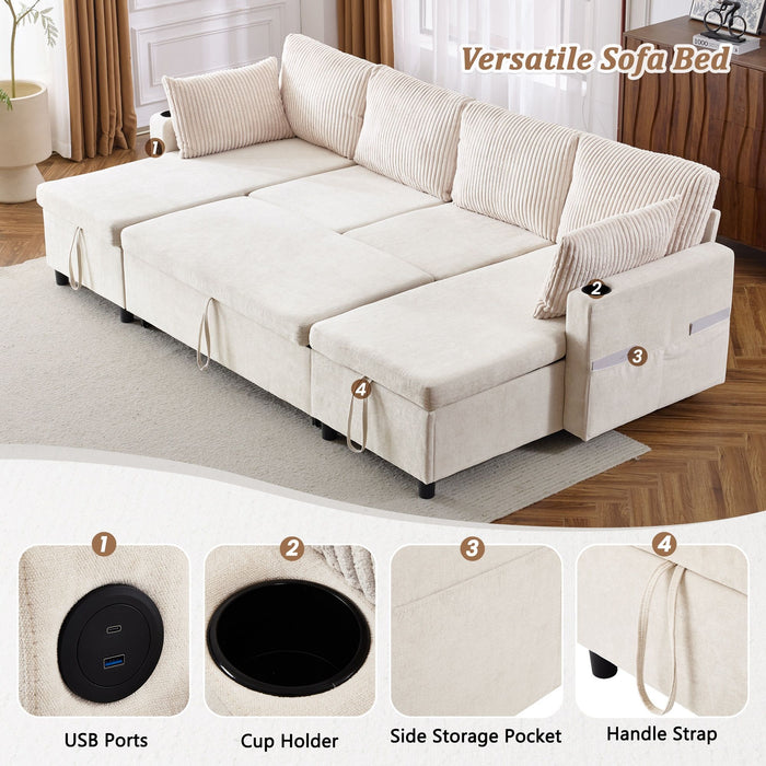 Sectional Sofa Bed With Pull Out Sleeper, USB Ports, Cup Holders