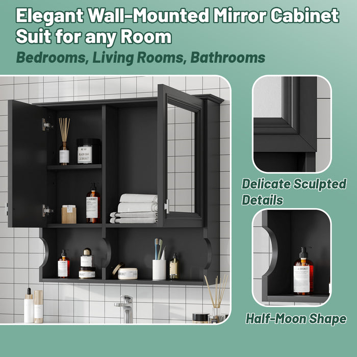 Wall Mounted Mirror Medicine Cabinet, Bathroom Storage With Doors And Open Shelves