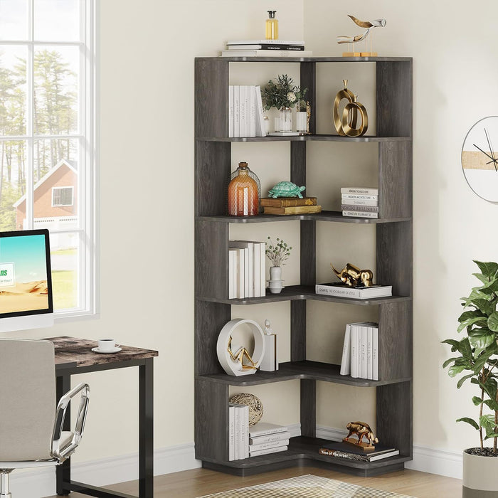 6 Tier Corner Bookshelf, L-Shaped Freestanding Shelf With Anti Drop Panels