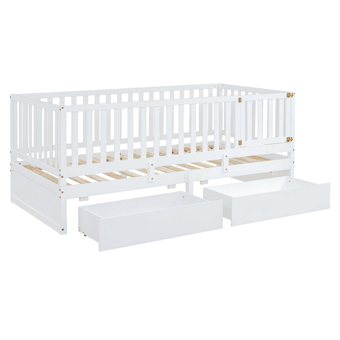 Daybed With Fence Guardrails And 2 Drawers, Split Into Independent Floor Bed & Daybed