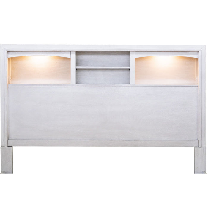 Transitional Bed With Smooth Gliding Drawers, Built In Lights, Open Headboard Shelves