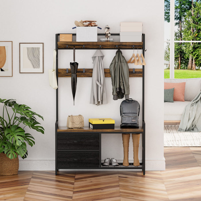 Hall Tree With 2 Movable Drawers, Shoe Storage, Shelves, Garment Racks, And 23 Hooks For Entryway - Rustic Brown