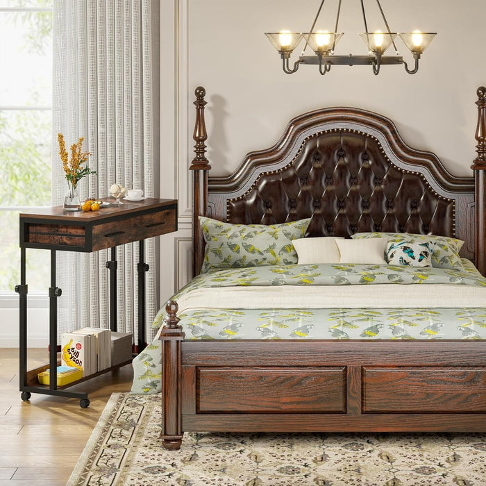 Portable Laptop Desk With Drawer & Wheels, Height Adjustable, Storage Shelf - Brown / Black