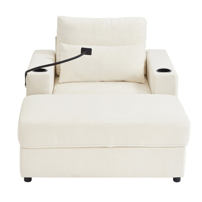 Modern Style Armchair Chaise Lounge Sofa Couch With Movable Storage Ottoman, USB Ports, Cup Holders, Phone Holder, Side Pockets