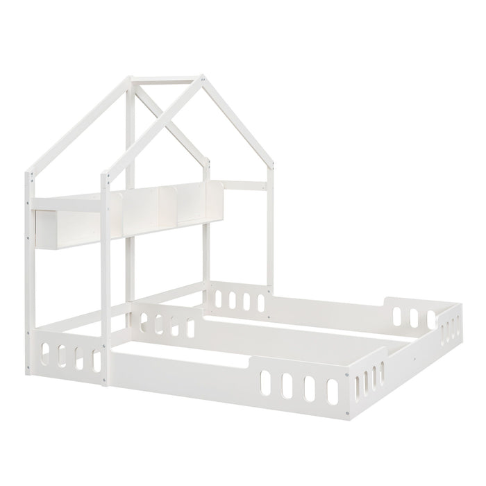 Twin Size Platform Bed With Shared Design, Guardrails, And Built In Shelves - Creamy White
