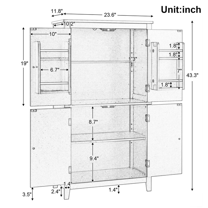 Elegant Bathroom Floor Storage Cabinet With 4 Doors, Adjustable Shelves