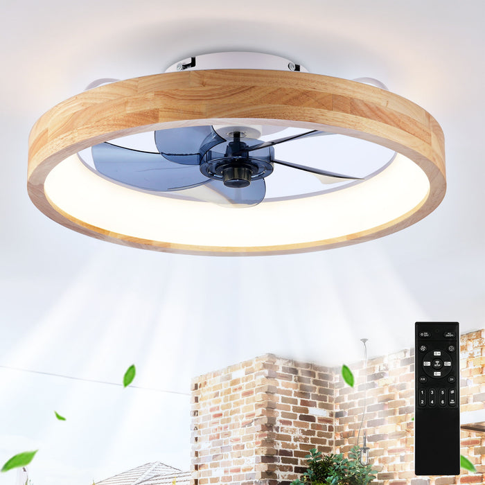 Ceiling Fans With Lights And Remote, 3000 - 6500K Dimmable Flush Mount LED Fan Light, 6 Speeds, Quiet DC Motor For Living Room - Matte White / Natural Wood