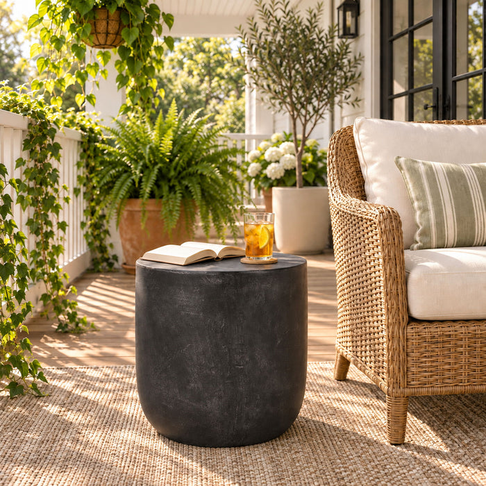 Outdoor Lightweight Concrete End Table With Natural Texture - Matte Black